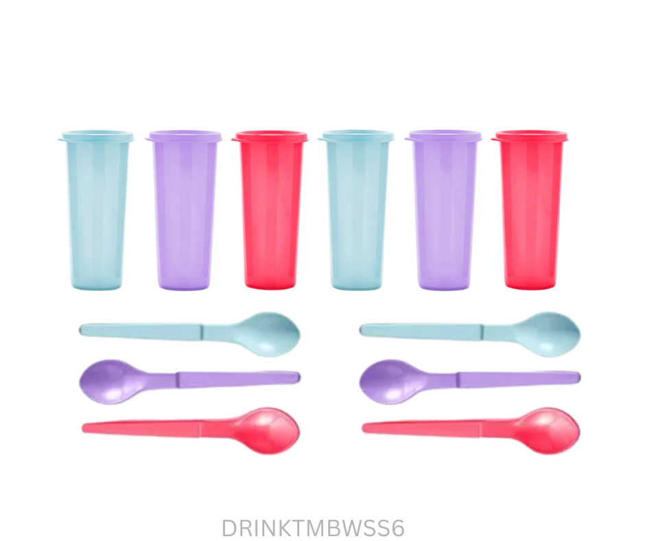 Tupperware Tumbler Set - Coloured 175 ml with Hang On Spoons - Set of 6